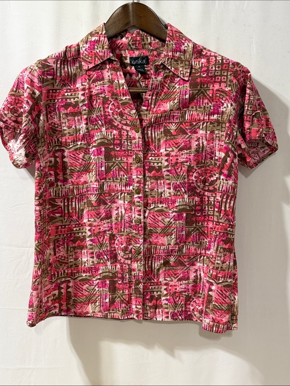 Erika Pink and Brown Short Sleeve Button-Front Blouse